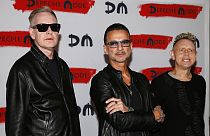 De g. à dr. : Andrew Fletcher, Dave Gahan et Martin Gore, trois des membres du groupe britannique Depeche Mode - Milan (Italie), le 11/10/2016