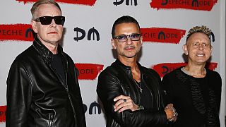 De g. à dr. : Andrew Fletcher, Dave Gahan et Martin Gore, trois des membres du groupe britannique Depeche Mode - Milan (Italie), le 11/10/2016