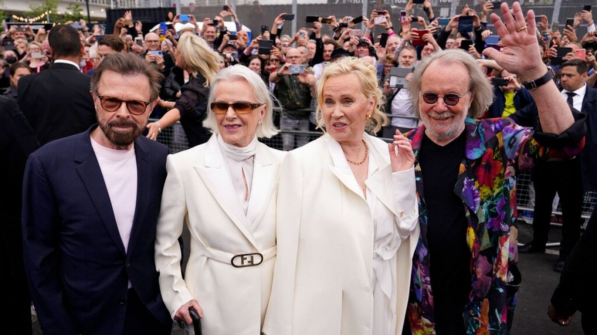 Members of ABBA, from left, Bjorn Ulvaeus, Anni-Frid Lyngstad, Agnetha Faltskog and Benny Andersson arrive for the ABBA Voyage concert at the ABBA Arena in London, May 26 2022