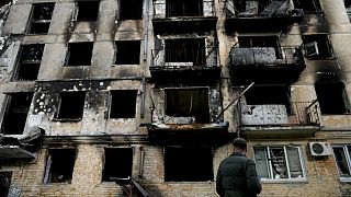 Κατεστραμμένο κτίριο από βομβαρδισμούς στην πόλη Χοστομέλ στα περίχωρα του Κιέβου