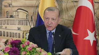 الرئيس التركي رجب طيب إردوغان خلال مؤتمر صحافي في إسطنبول