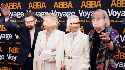 Members of ABBA, from left, Bjorn Ulvaeus, Agnetha Faltskog, Anni-Frid Lyngstad and Benny Andersson arrive for the ABBA Voyage concert at the ABBA Arena in London