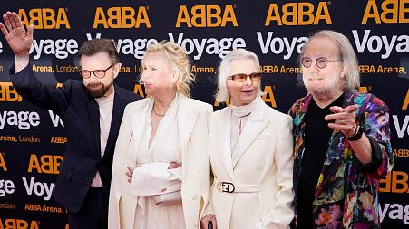 Members of ABBA, from left, Bjorn Ulvaeus, Agnetha Faltskog, Anni-Frid Lyngstad and Benny Andersson arrive for the ABBA Voyage concert at the ABBA Arena in London