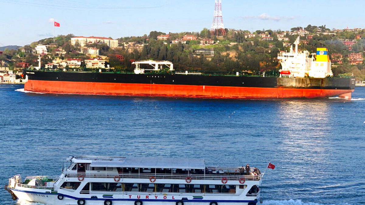 The Greek-flagged oil tanker Prudent Warrior, background, is seen as it sails past Istanbul, Turkey, April 19, 2019