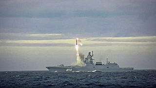 A new Zircon hypersonic cruise missile is launched by the frigate Admiral Gorshkov of the Russian navy from the Barents Sea on 28 May 2022