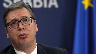 Serbian President Aleksandar Vučić reacts during a press conference in Belgrade in November 2021