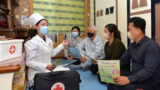 یک پزشک برای آگاهی بخشی در مورد کووید با خانواده‌ای در پیونگ یانگ صحبت می‌کند