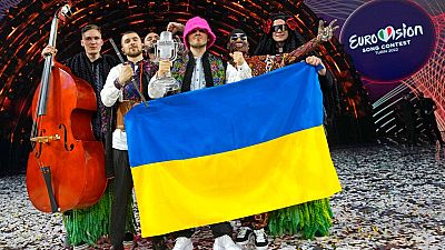 Kalush Orchestra from Ukraine celebrate after winning the Grand Final of the Eurovision Song Contest at Palaolimpico arena, in Turin, Italy, Saturday, May 14, 2022.