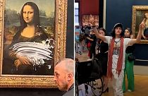 The world's most famous painting has been attacked with cake by a man disguised as an old woman