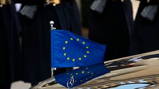 The European flag is seen on the car of European Council President Charles Michel in Paris, France, Jan. 11, 2022.
