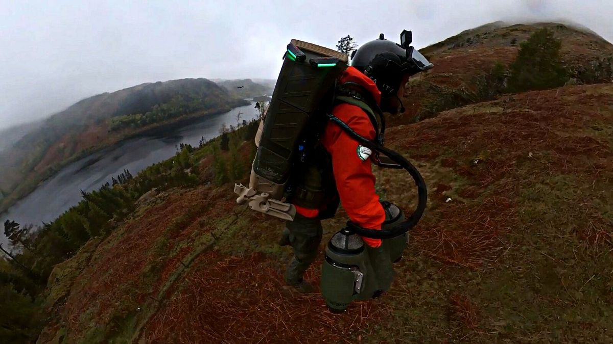 Jamie Walsh, GNAAS paramedic, makes his first jet suit flight in the Lake District.