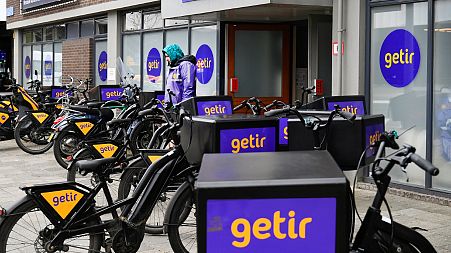 Bikes are parked outside a dark store of the fast grocery deliverer Getir, in Rotterdam, Netherlands ,February 8, 2022.