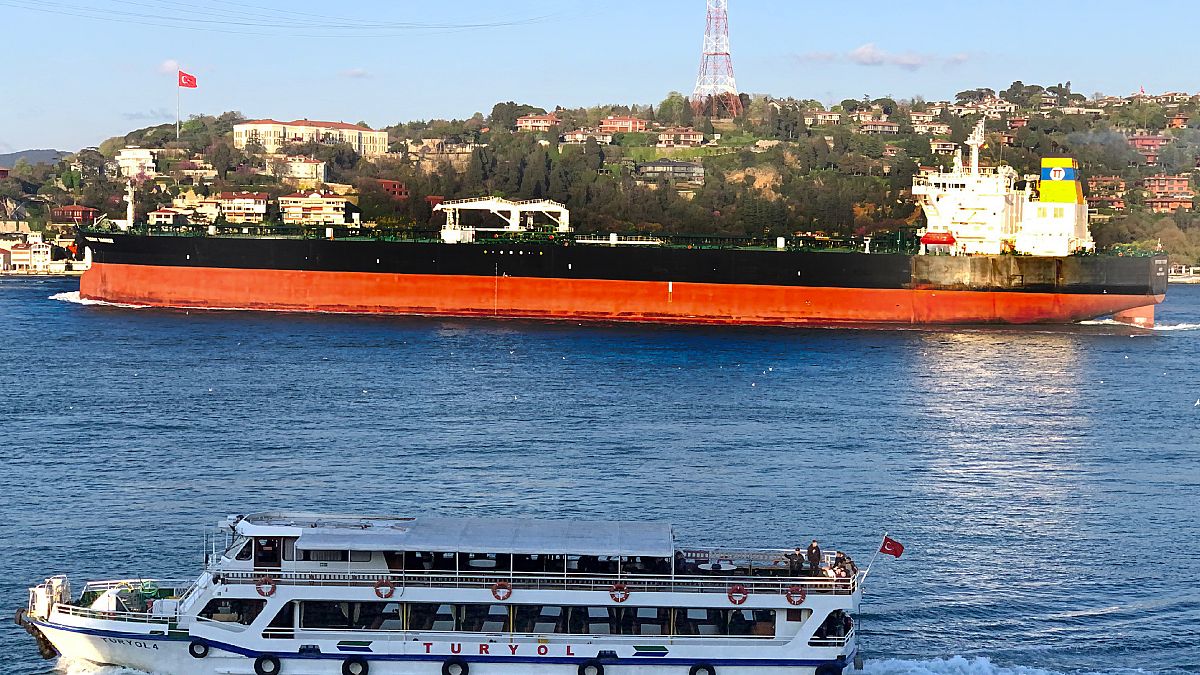 One of the Greek-flagged oil tanker seized is the Prudent Warrior, seen here in Istanbul in April 2019. 
