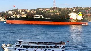 One of the Greek-flagged oil tanker seized is the Prudent Warrior, seen here in Istanbul in April 2019.