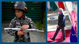 A g. : jeune garçon ukrainien déguisé en soldat près de Kyiv, le 30/05/2022 // A dr. : le chef de la diplomatie européenne arrive au sommet européen à Bruxelles le 31/05/2022