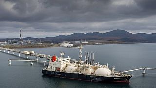 The tanker Sun Arrows loads its cargo of liquefied natural gas from the Sakhalin-2 project in the port of Prigorodnoye, Russia