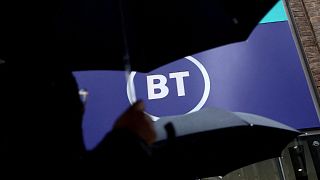 The logo of British Telecom (BT) is displayed outside a store in London, November 15, 2019.