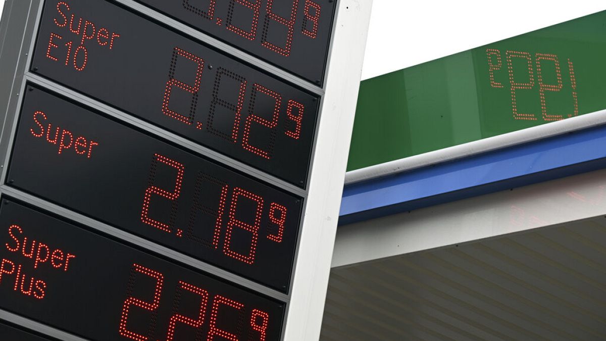 A display board shows the prices for various fuels in Cologne, Germany, Monday May 30, 2022.