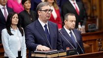 Serbia's President Aleksandar Vučić takes oath during the ceremony of his inauguration for a second term in Parliament building, in Belgrade on 31 May 2022