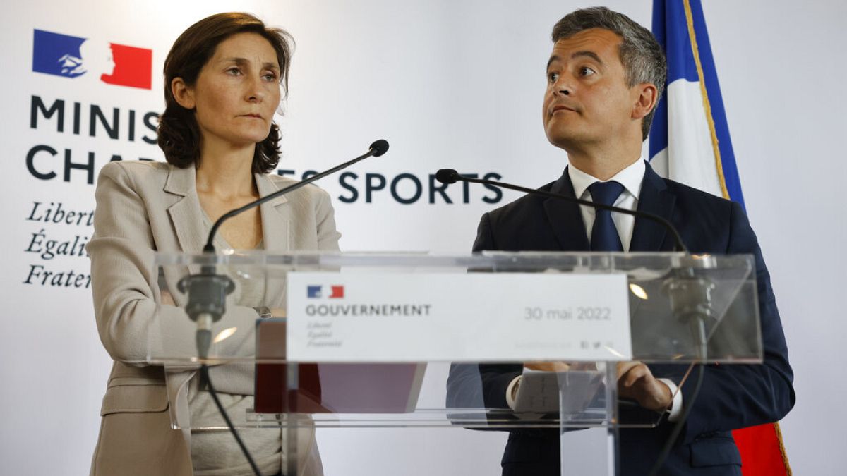 La ministre des Sports Amélie Oudéa-Castéra  et le ministre français de l'Intérieur Gérald Darmanin, le 30/05/2022