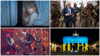 A Ukrainian refugee girl with her cat, Boris Johnson British PM in Kyiv, Kalush Orchestra at Eurovision and Berlin's Brandenburg gate in Ukrainian national colours