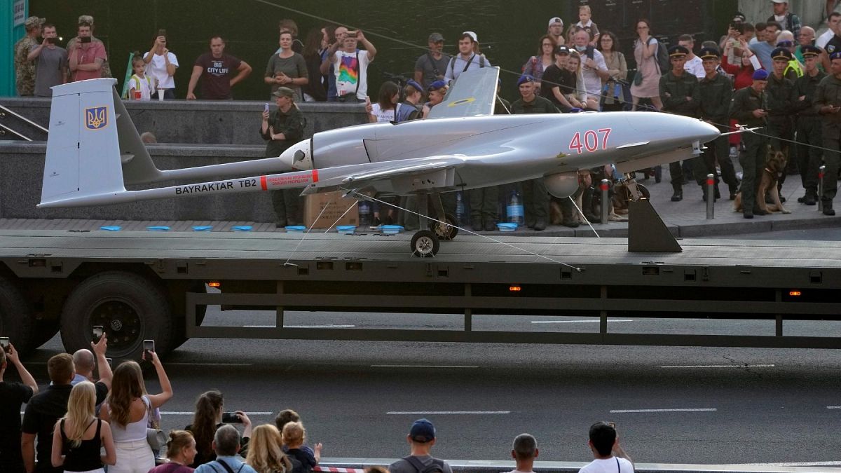 FILE - A Turkish-made Bayraktar TB2 drone is displayed during a rehearsal of a military parade dedicated to Independence Day in Kyiv, Ukraine, Aug. 20, 2021.