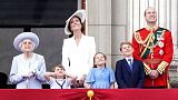 Queen Elizabeth II, alongside the Duchess of Cambridge, Prince William and their children, on the balcony of Buckingham Place, Thursday, June 2, 2022.