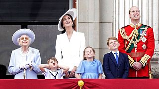 Queen Elizabeth II, alongside the Duchess of Cambridge, Prince William and their children, on the balcony of Buckingham Place, Thursday, June 2, 2022.