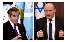 نفتالی بنت، نخست وزیر اسرائیل (سمت راست) با رافائل گروسی، مدیرکل آژانس بین‌المللی انرژی اتمی (شمت چپ) در تل آویو دیدار کرد