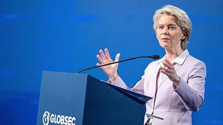 European Commission President Ursula von der Leyen speaks during the Globsec 2022 Bratislava Forum in Bratislava, Slovakia, Thursday, June 2, 2022.