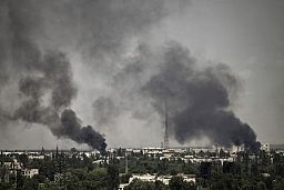 Smoke rises in the city of Severodonetsk during heavy fighting on May 30, 2022. 