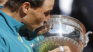 Spain's Rafael Nadal kisses the cup after defeating Norway's Casper Ruud in their final match of the French Open tennis tournament on 5 June 2022