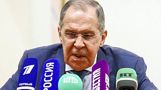 Russian Foreign Minister Sergey Lavrov speaks to the media
