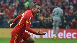 Wales Gareth Bale celebrates after scoring his side's goal against Ukraine