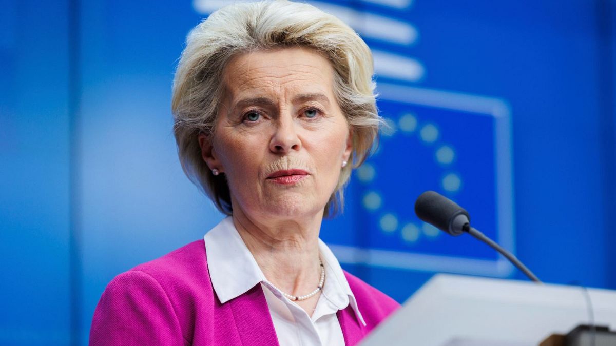 European Commission President Ursula von der Leyen talks with the press in Brussels.