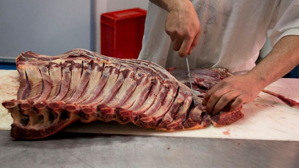 A butcher prepares a piece of Pure Spanish Breed horse meat in Camas, Spain. April 2013.