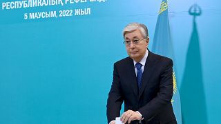 President Kassym-Jomart Tokayev cast his ballot at a polling station in the Al-Farabi Schoolchildren Palace.