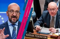 À gauche, Charles Michel, président du Conseil européen. À droite, Vassily nebenzia, représentant russe à l'ONU