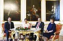 Czech President Milos Zeman, second right, with his wife, Ivana Zemanova, right, and Hungarian President Katalin Novak, second left, with her husband, Istvan Veres