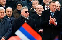 Bosnian Serb political leader Milorad Dodik, front right, during a parade marking the 30th anniversary of the Republic of Srpska in Banja Luka, northern Bosnia, Jan. 9, 2022.