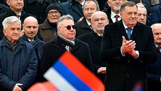 Bosnian Serb political leader Milorad Dodik, front right, during a parade marking the 30th anniversary of the Republic of Srpska in Banja Luka, northern Bosnia, Jan. 9, 2022.