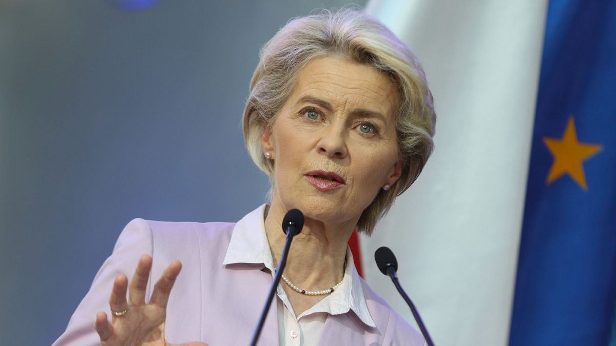 European Commission President Ursula von der Leyen speaks during a joint news conference with Poland's Prime Minister Mateusz Morawiecki and Polish President Andrzej Duda