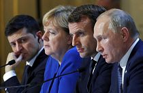 Angela Merkel, con Volodímir Zelenski, Emmanuel Macron y Vladímir Putin (Archivo). 