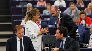 Iratxe García, head of the Socialist group, talks to Manfred Weber, leader of the European People's group, during a vote at the European Parliament