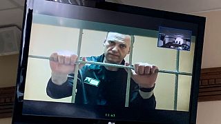 Russian opposition leader Alexei Navalny appears from prison on a video link provided by the Russian Federal Penitentiary Service, at a courtroom in Vladimir, Russia