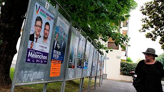 یک شهروند فرانسوی در حال نگاه کردن به پوسترهای تبلیغاتی انتخابات پارلمانی فرانسه
