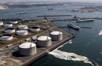 his aerial view shows the Liquid Natural Gas (LNG) terminal on the Maasvlakte in Rotterdam.