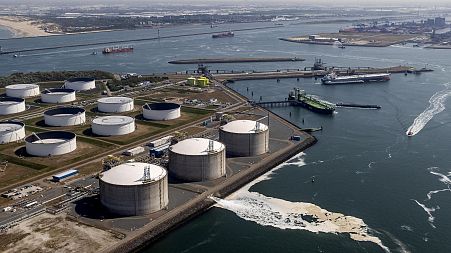 his aerial view shows the Liquid Natural Gas (LNG) terminal on the Maasvlakte in Rotterdam.