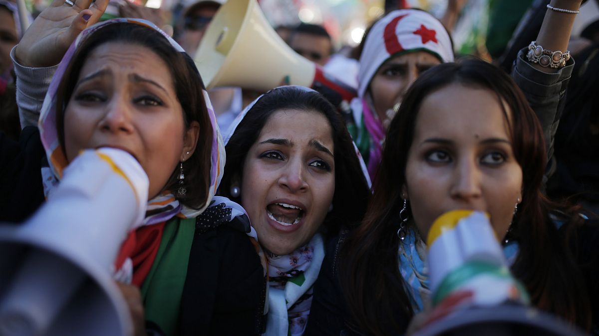 Women from Western Sahara shouts slogans in support of Free Western Sahara, during a protest in Madrid