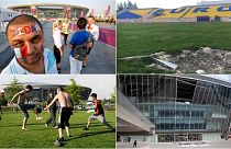 Left: Fans at Donetsk Arena during Euro 2012. Top right: A Euro 2012 training pitch in Kharkiv after bomb damage. Bottom right: Donetsk Arena was damaged by a blast in 2014.